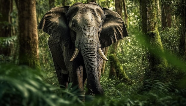 Słoń afrykański idący przez bujny las tropikalny wygenerowany przez sztuczną inteligencję