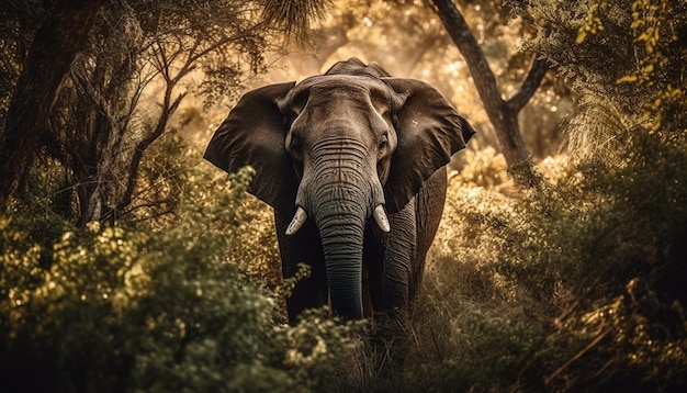 Słoń afrykański idący przez spokojną trawę sawanny wygenerowaną przez sztuczną inteligencję