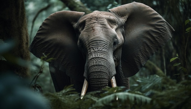 Bezpłatne zdjęcie słoń afrykański spacerujący po mokrej trawie i patrzący w kamerę generowaną przez sztuczną inteligencję