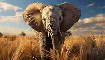 Bezpłatne zdjęcie słoń o zachodzie słońca, majestatyczny ssak wędrujący po afrykańskiej sawannie, wygenerowany przez sztuczną inteligencję