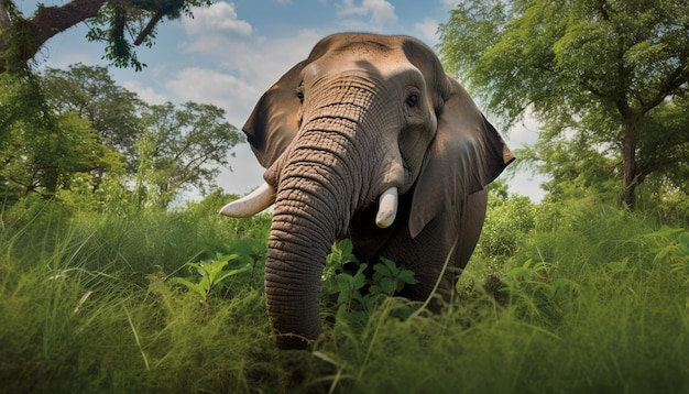 Słoń spacerujący po afrykańskiej dziczy wygenerowany przez sztuczną inteligencję