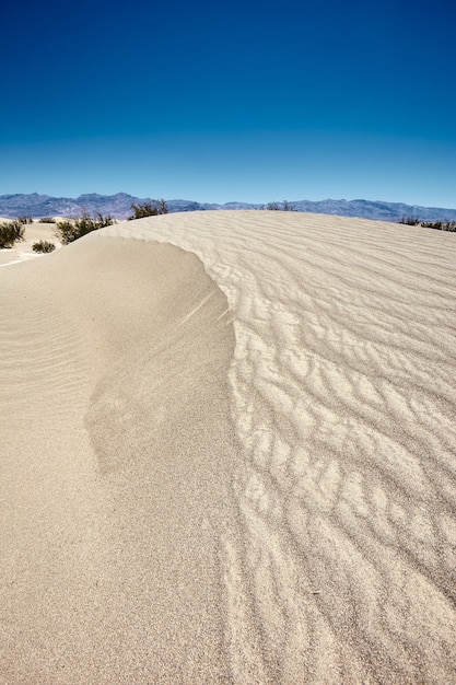 Słoneczna sceneria wydm Mesquite Flat Sand Dunes w Parku Narodowym Doliny Śmierci, Kalifornia - USA