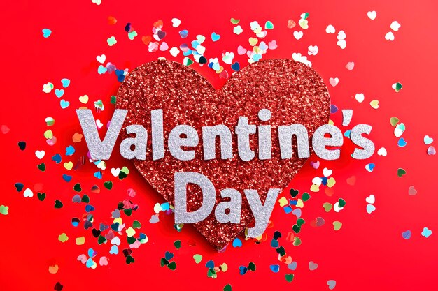 Słowo "Valentine39s Day" na czerwonym tle i kolorowe konfety otoczone