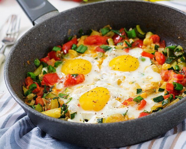 Smaczne śniadanie. Jajka sadzone z warzywami. Shakshuka.