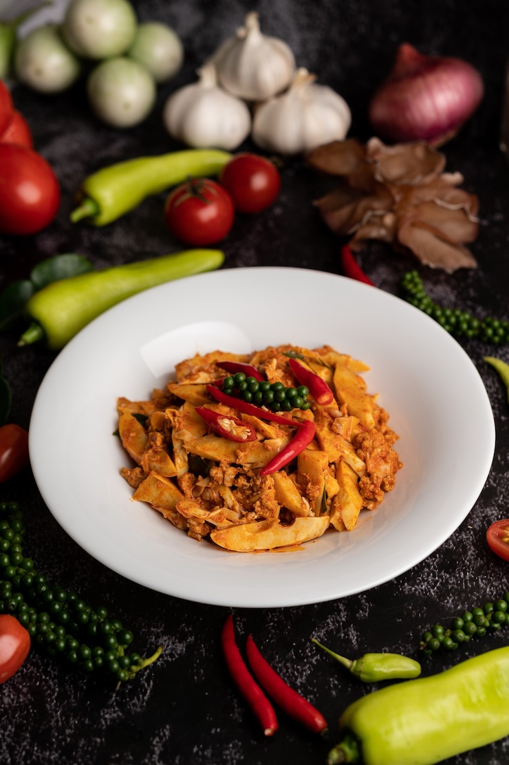 Bezpłatny plik Zdjęcie smażona pasta curry wymieszana z kiełkami bambusa i mieloną wieprzowiną