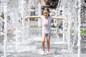 Śmieszna mała dziewczynka w fontannie, wśród rozprysków wody w upalny letni dzień.