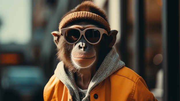 Bezpłatne zdjęcie Śmieszna małpa z okularami przeciwsłonecznymi w studiu