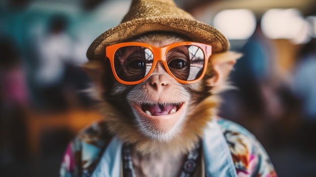 Śmieszna małpa z okularami przeciwsłonecznymi w studiu