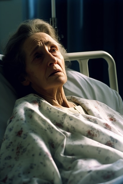 Smutna babcia w szpitalnym łóżku.