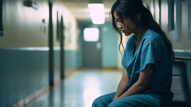 Smutna lub wyczerpana pielęgniarka w szpitalu