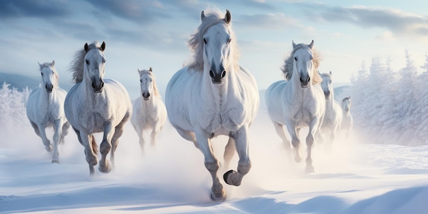 Bezpłatne zdjęcie Śnieżki wirują wokół żywiołowych koni galopujących swobodnie po zimowym nietkniętym krajobrazie.