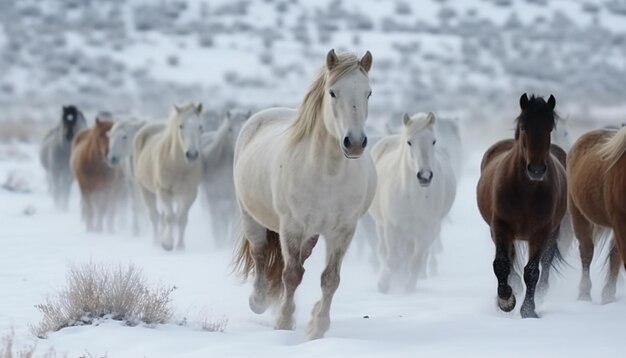 Śnieżne konie łąkowe pasące się w zimowej krainie czarów AI generująca piękno