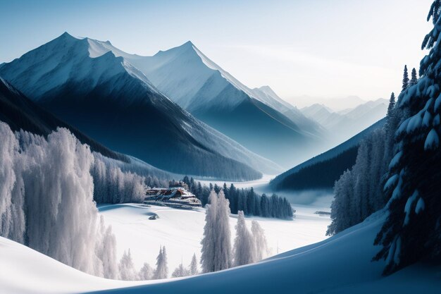 Śnieżny krajobraz z górami i drzewami pokrytymi śniegiem.