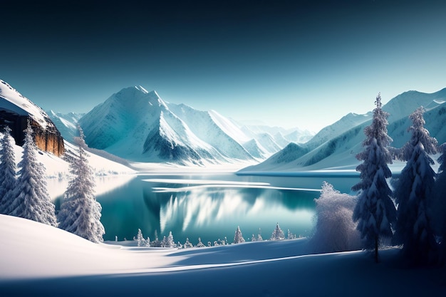 Śnieżny krajobraz z jeziorem i górami w tle.