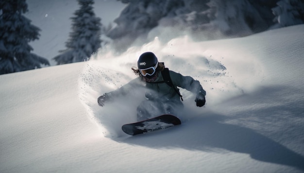 Bezpłatne zdjęcie snowboardzista lecący przez puchowy śnieg w górach generowany przez sztuczną inteligencję