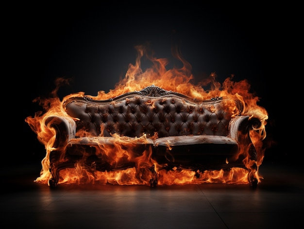 Bezpłatne zdjęcie sofa 3d w ogniu z płomieniami
