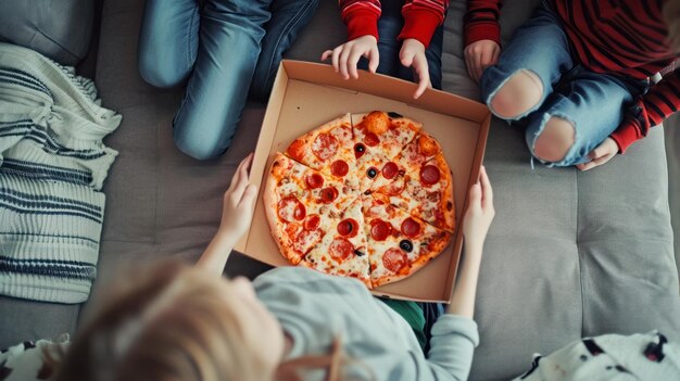 Sofa dla dzieci z widokiem na pizzę z góry na pizzę w pudełku i młodzi miłośnicy fast foodów z dostawą świeżej żywności