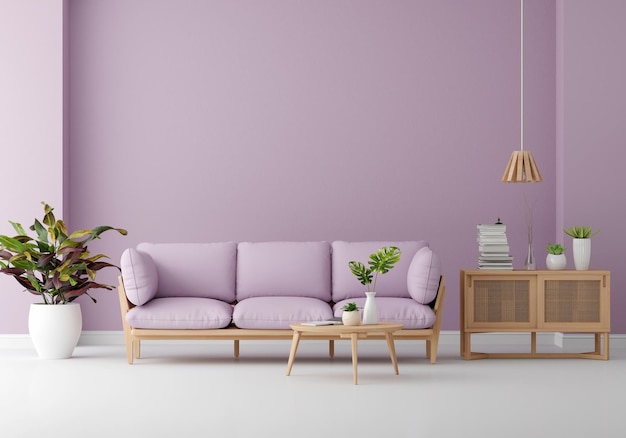 Sofa w fioletowym salonie z miejscem na kopię
