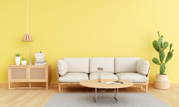 Sofa w żółtym wnętrzu salonu z miejscem na kopię