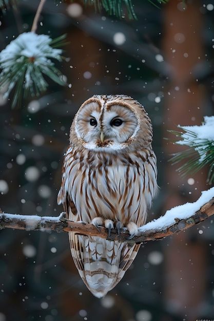 Bezpłatne zdjęcie sowie na świeżym powietrzu w zimnej przyrodzie z marzoną estetyką