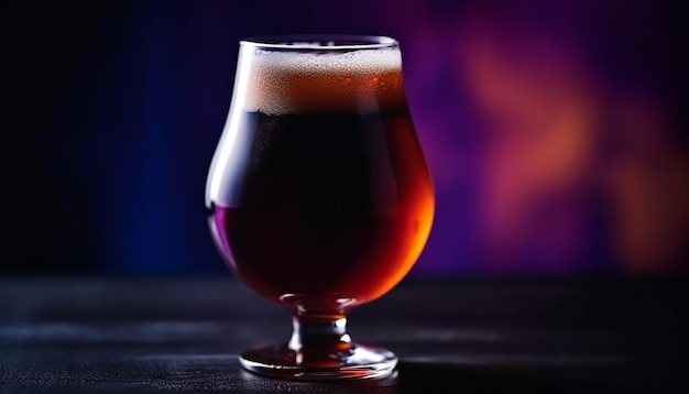 Spieniona szklanka do piwa na ciemnym drewnianym stole wygenerowana przez AI