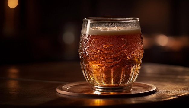 Spieniona szklanka do piwa na drewnianym blacie barowym wygenerowana przez sztuczną inteligencję