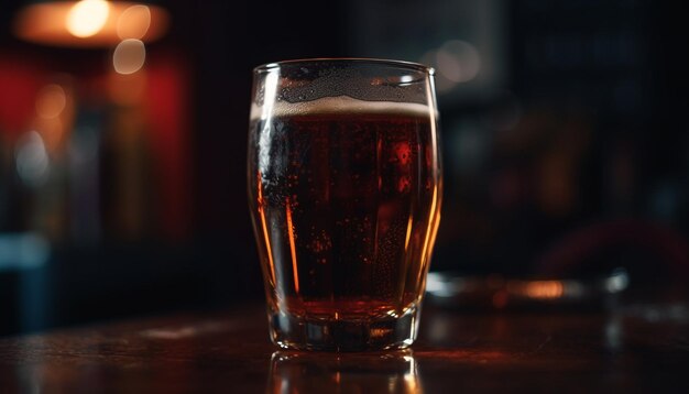 Spieniona szklanka piwa na ladzie barowej w nocy generowana przez sztuczną inteligencję