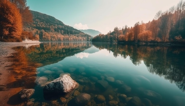 Spokojna górska refleksja nad jesiennym pięknem stawu wygenerowana przez sztuczną inteligencję