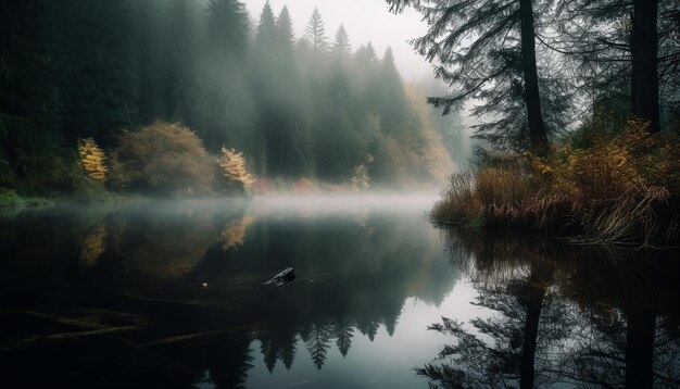 Spokojna scena jesiennej refleksji leśnej nad stawem wygenerowana przez sztuczną inteligencję