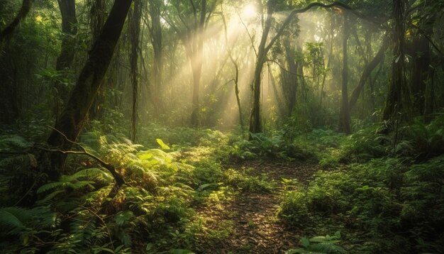Spokojna scena mglistej leśnej przygody wygenerowanej przez sztuczną inteligencję