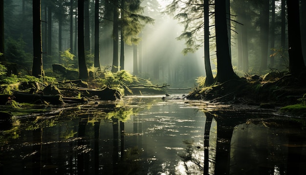 Bezpłatne zdjęcie spokojna scena mokrego lasu odzwierciedla piękno generowane przez sztuczną inteligencję