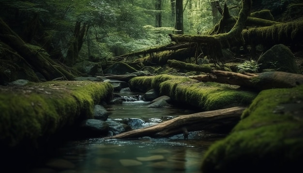 Bezpłatne zdjęcie spokojna scena mokrej przygody w tropikalnym lesie deszczowym wygenerowana przez sztuczną inteligencję