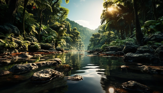 Spokojna scena piękna natury odbita w tropikalnym lesie deszczowym generowanym przez sztuczną inteligencję