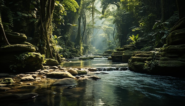 Spokojna scena piękna przyrody w tropikalnym lesie deszczowym płynąca woda generowana przez sztuczną inteligencję