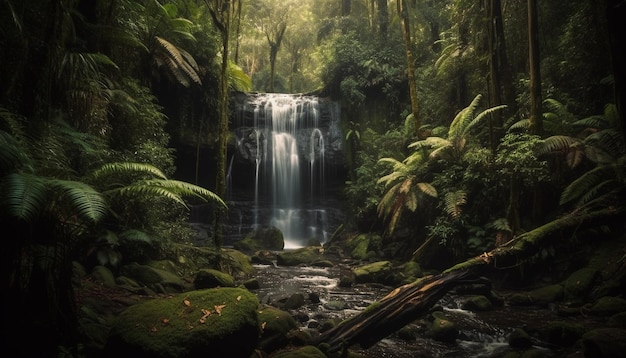 Spokojna scena płynącej wody w lesie generowana przez sztuczną inteligencję