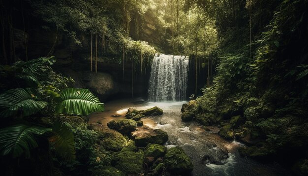 Spokojna scena płynącej wody w tropikalnym lesie generowana przez sztuczną inteligencję