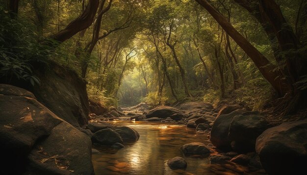 Spokojna scena przygody w tropikalnym lesie deszczowym wygenerowana przez sztuczną inteligencję