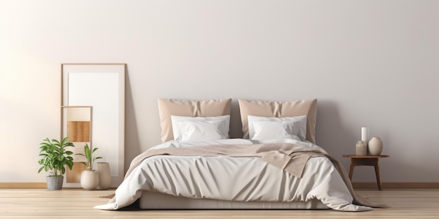Bezpłatne zdjęcie spokojna sypialnia z beżowymi kolorami i prostym wzornictwem