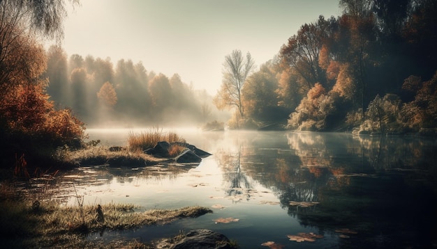 Bezpłatne zdjęcie spokojny jesienny las odzwierciedla piękno natury generatywnej sztucznej inteligencji