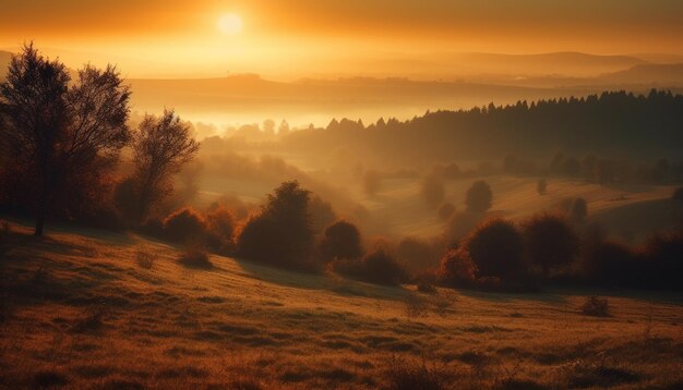 Spokojny wschód słońca nad mglistym jesiennym krajobrazem leśnym generowanym przez sztuczną inteligencję