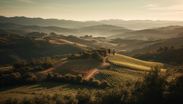 Spokojny wschód słońca nad rustykalnym krajobrazem włoskiej winnicy wygenerowany przez sztuczną inteligencję