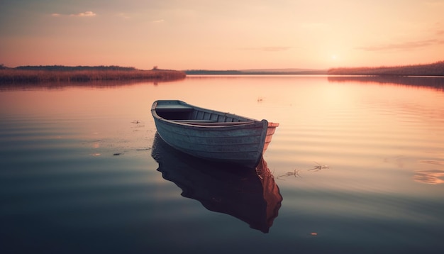 Bezpłatne zdjęcie spokojny zachód słońca na łodzi transportowej do domu wygenerowany przez sztuczną inteligencję