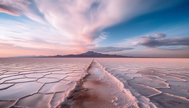 Bezpłatne zdjęcie spokojny zachód słońca nad majestatycznym horyzontem słonego jeziora wygenerowany przez sztuczną inteligencję