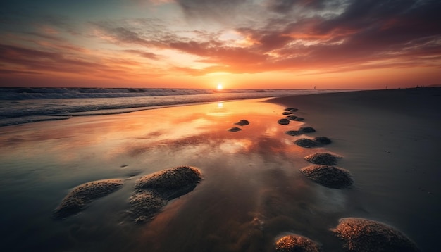 Bezpłatne zdjęcie spokojny zachód słońca nad skalistymi wodami. piękno natury generowane przez sztuczną inteligencję