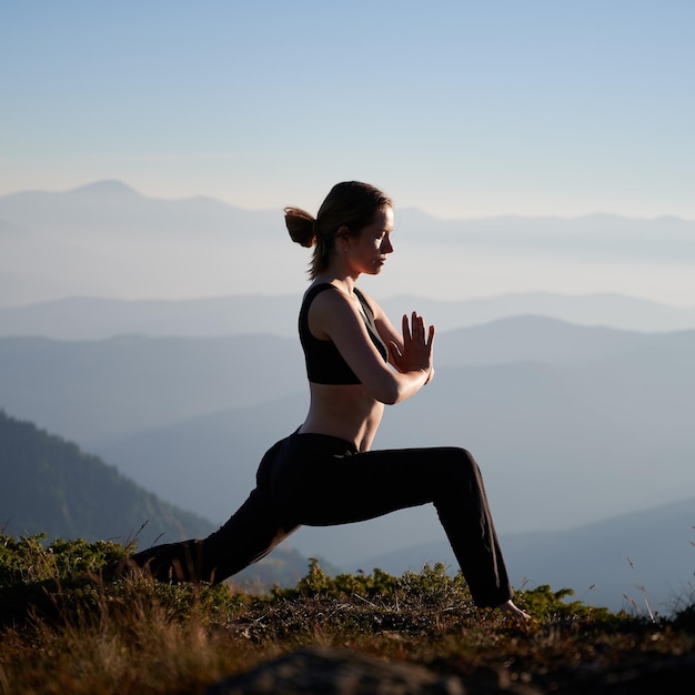 Sportowa młoda kobieta ćwiczy jogę w górach
