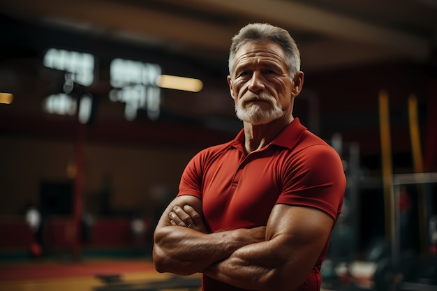 Bezpłatne zdjęcie sportowy starszy mężczyzna utrzymuje się w formie poprzez ćwiczenia gimnastyki