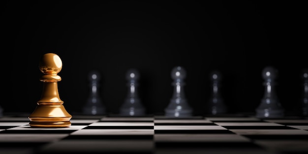 Spotkanie w szachach ze złotym pionkiem z czarnym szachowym wrogiem na ciemnym tle dla pomysłu strategii i futurystycznej koncepcji
