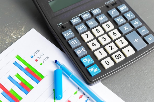Sprawdzenie raportu księgowego na kalkulatorze biznesowym