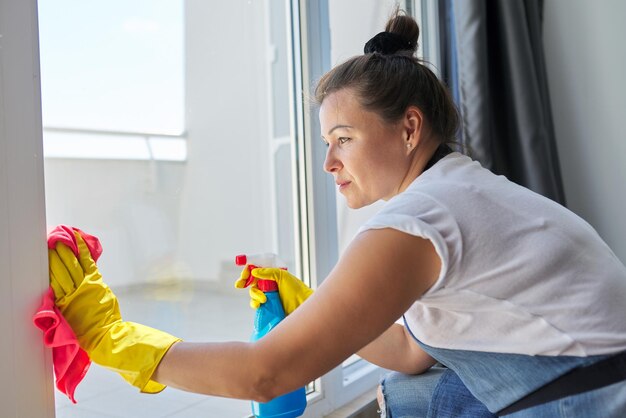 Sprzątanie domu, dojrzała kobieta w gumowych rękawiczkach w fartuchu myje okna szmatą i spryskuje detergentem. prace domowe, sprzątanie, gospodarstwo domowe, koncepcja czystości