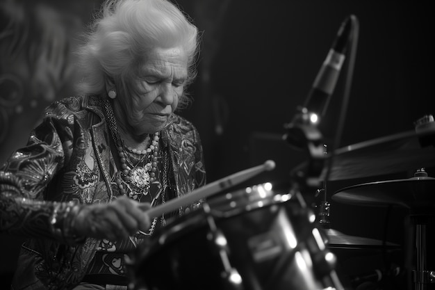 Średni strzał buntownicza babcia grająca na perkusji